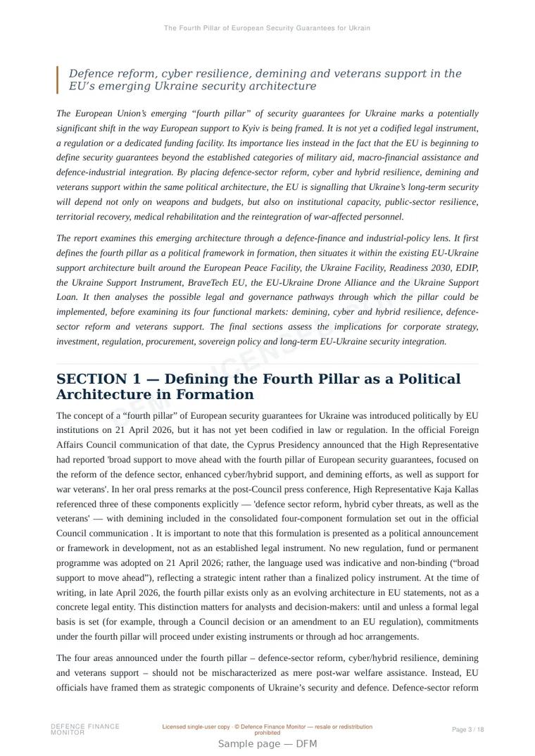 Sample page from “The Fourth Pillar of European Security Guarantees for Ukraine” — 19-page report