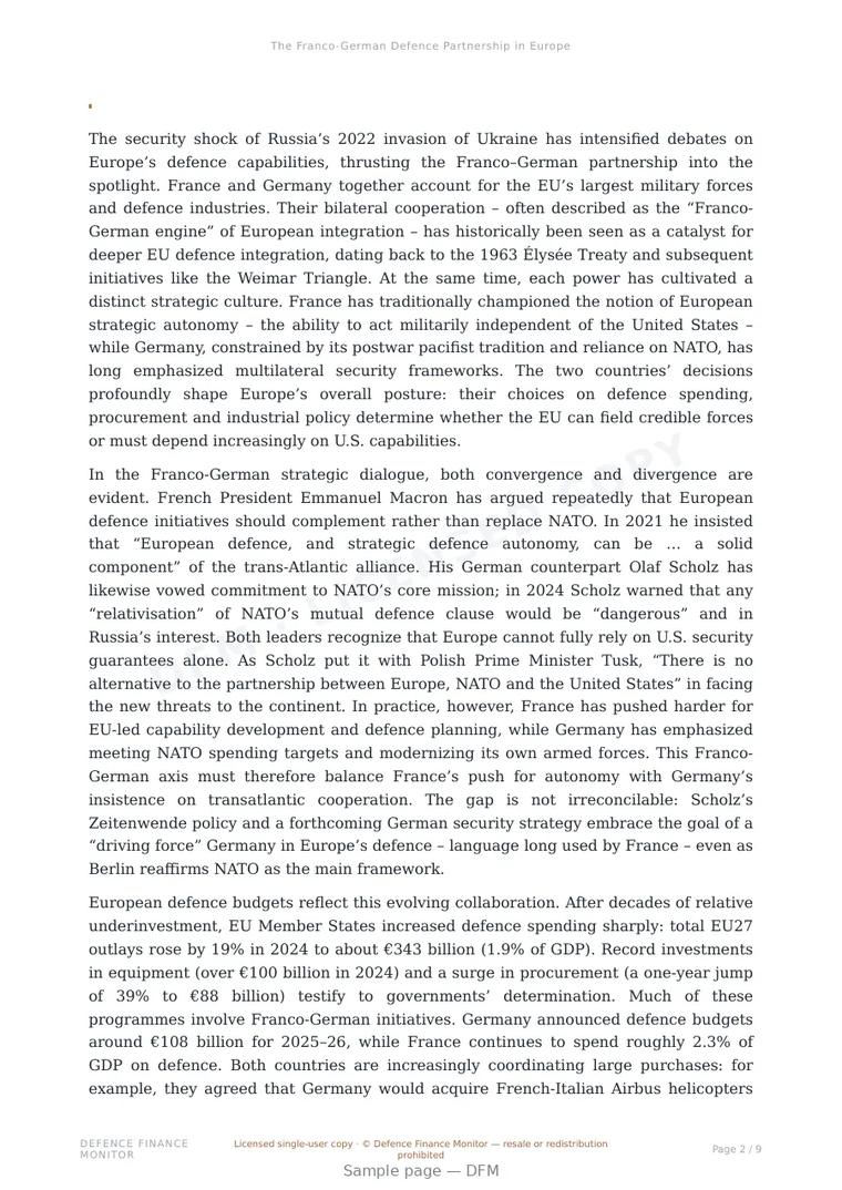 Sample page from “The Franco-German Defence Partnership in Europe” — 10-page report