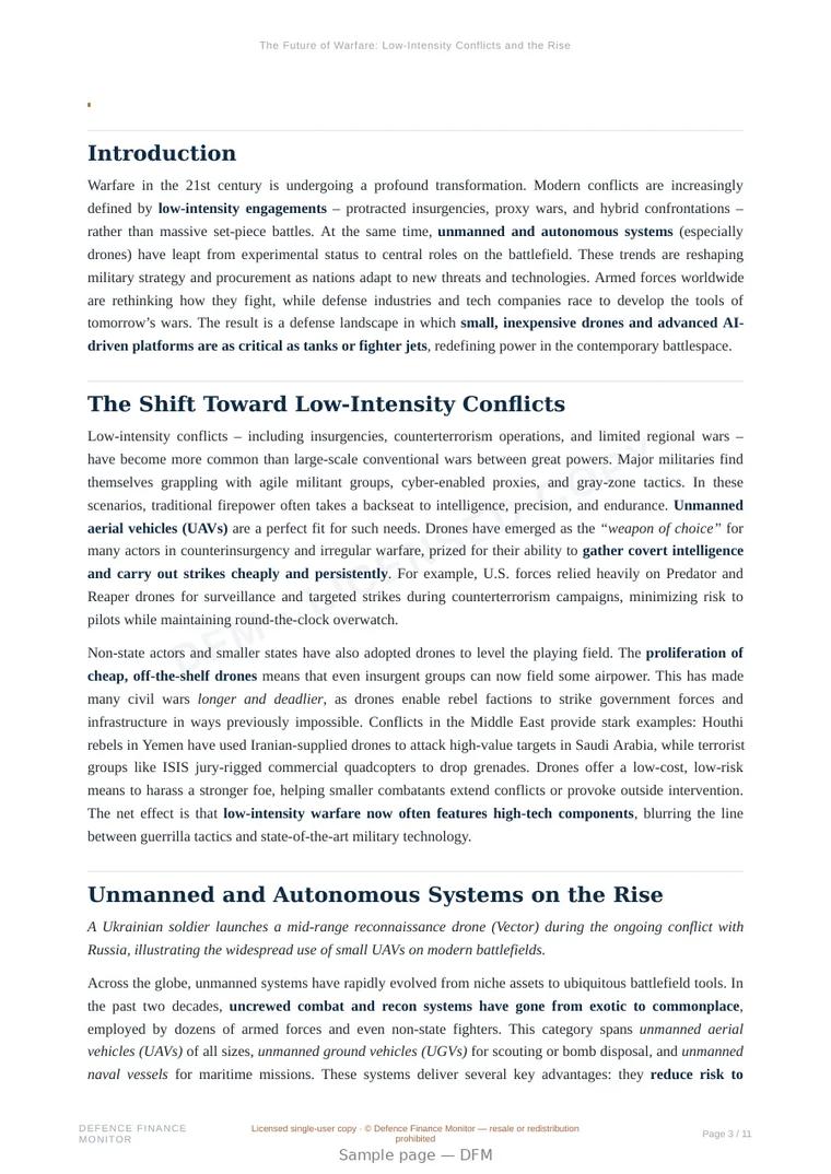 Sample page from “The Future of Warfare: Low-Intensity Conflicts and the Rise of Unmanned Systems” — 12-page report