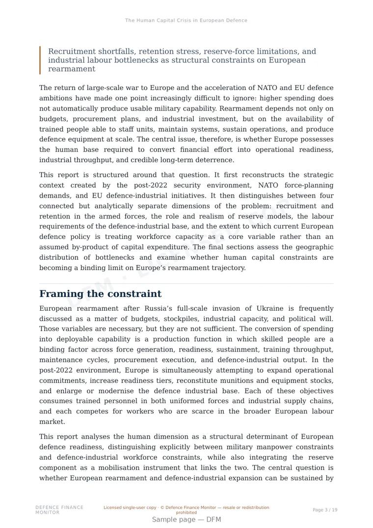 Sample page from “The Human Capital Crisis in European Defence” — 20-page report