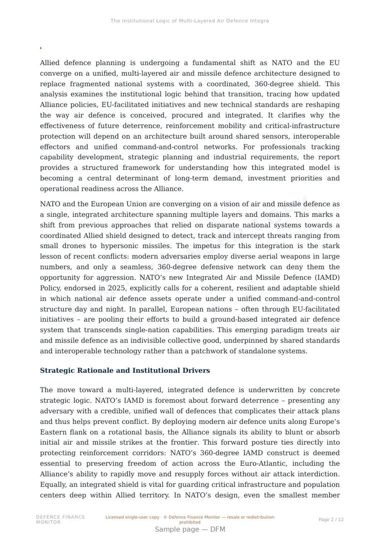 Sample page from “The Institutional Logic of Multi-Layered Air Defence Integration” — 13-page report