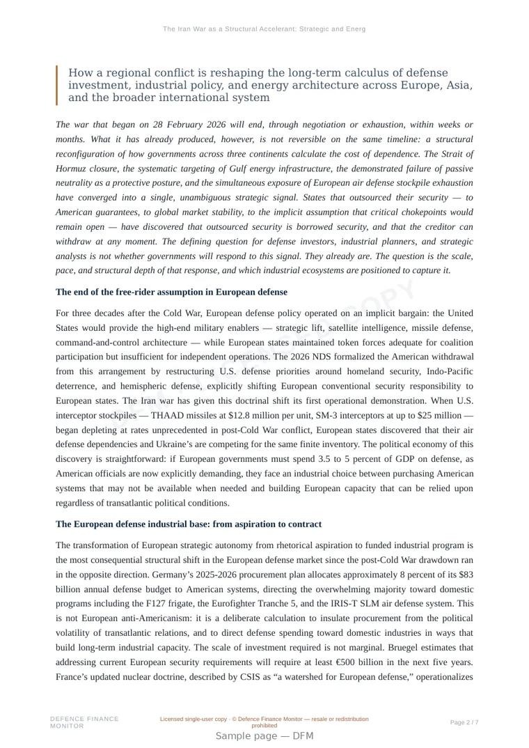 Sample page from “The Iran War as a Structural Accelerant: Strategic and Energy Autonomy in the Post-Hormuz Order” — 8-page report