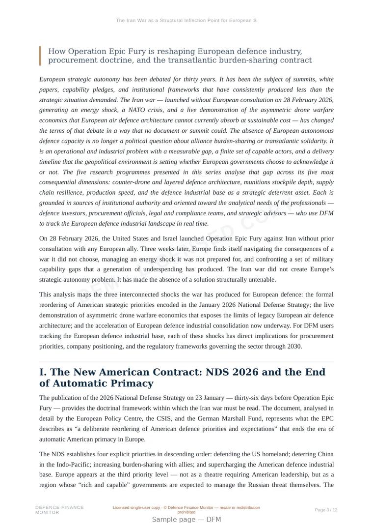 Sample page from “The Iran War as a Structural Inflection Point for European Strategic Autonomy” — 13-page report
