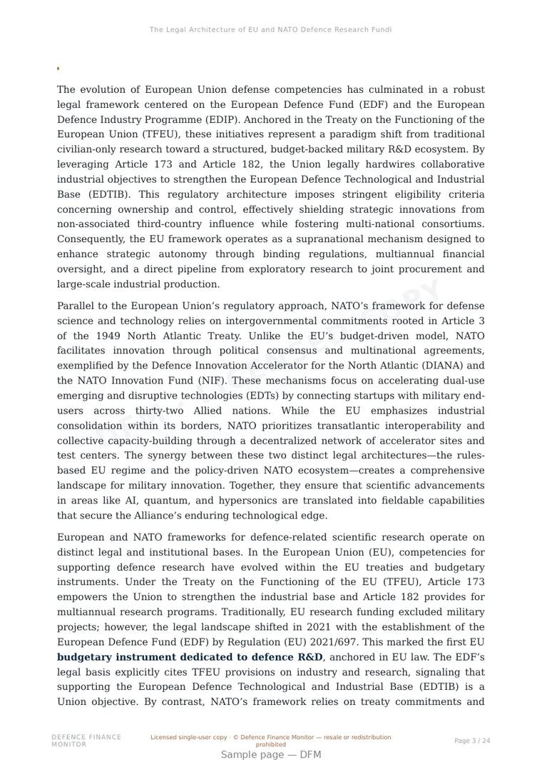 Sample page from “The Legal Architecture of EU and NATO Defence Research Funding: A Strategic Mapping” — 25-page report