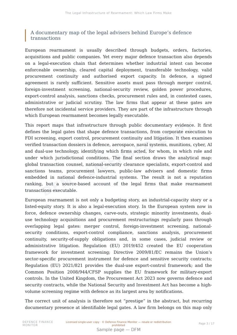 Sample page from “The Legal Infrastructure of Rearmament: Which Law Firms Make Defence Transactions Executable” — 18-page report