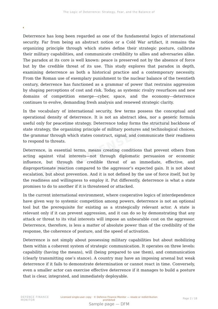 Sample page from “The Logic of Deterrence: Strategy, Fear, and the Balance of Power” — 19-page report