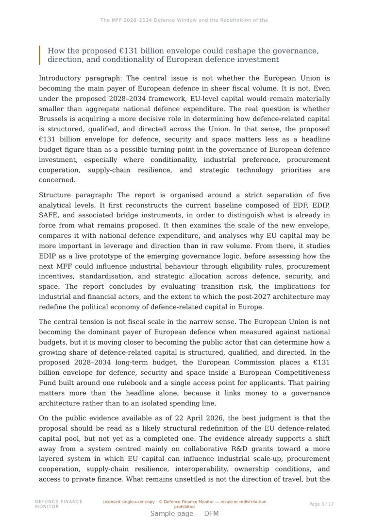 Sample page from “The MFF 2028–2034 Defence Window and the Redefinition of the EU Defence Capital Pool” — 18-page report