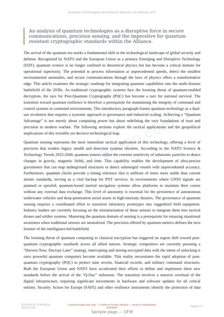 Sample page from “Quantum Technologies and Alliance Security: An Analysis of PQC Migration, Quantum Sensing, and Secure Communications Pathways” — 6-page report
