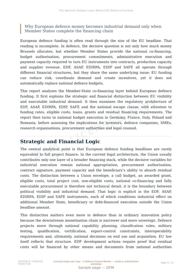 Sample page from “The National Budget Layer Behind EU Defence Funding” — 14-page report