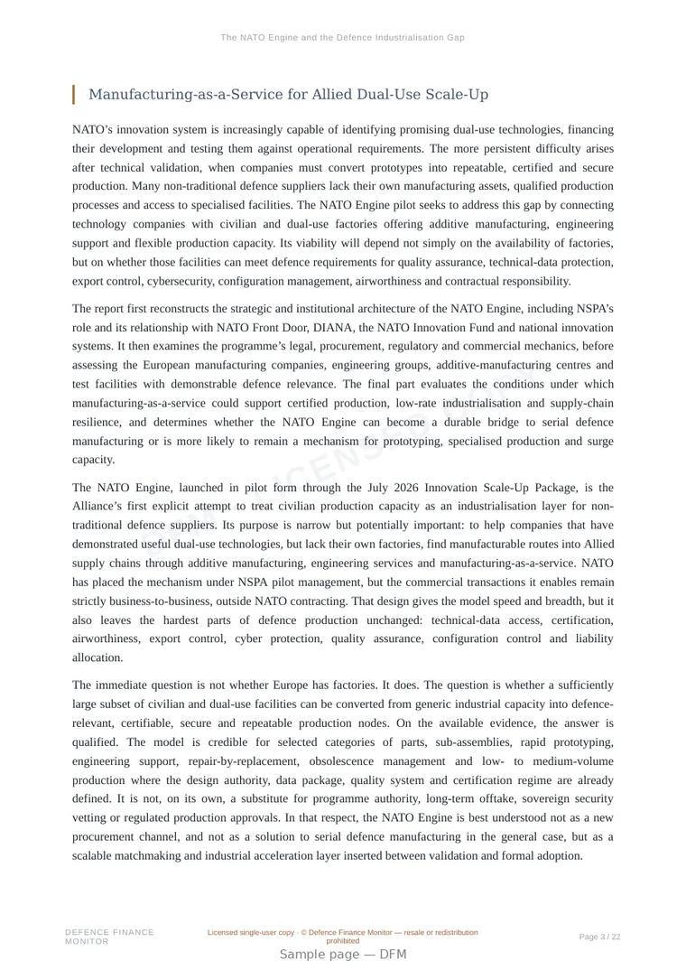 Sample page from “The NATO Engine and the Defence Industrialisation Gap” — 23-page report
