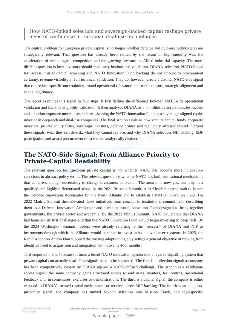 Sample page from “The NATO-Side Signal: DIANA, NIF and the Reading of Defence-Tech Validation” — 12-page report