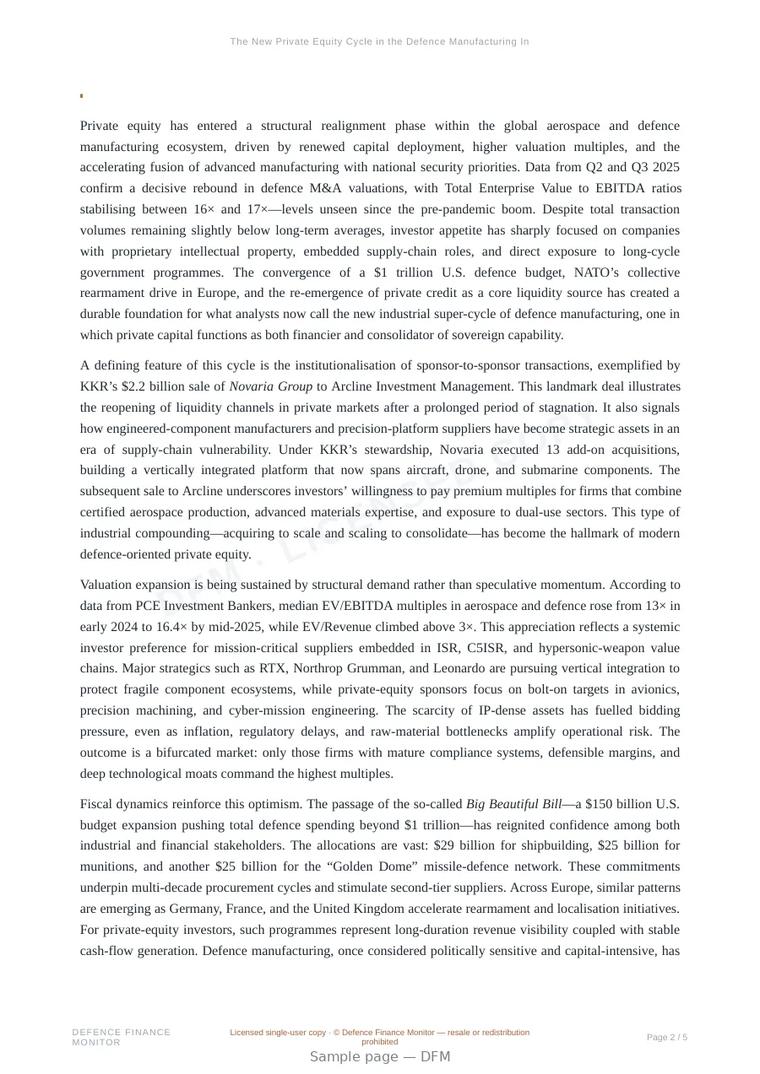 Sample page from “The New Private Equity Cycle in the Defence Manufacturing Industry” — 6-page report