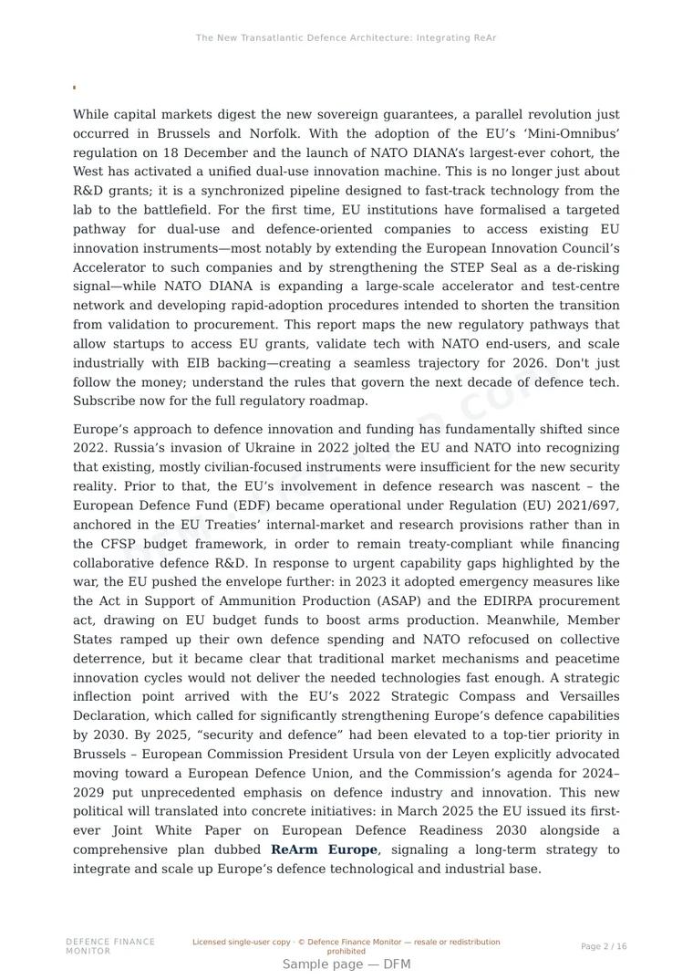 Sample page from “The New Transatlantic Defence Architecture: Integrating ReArm Europe, NATO DIANA & Industrial Finance” — 17-page report