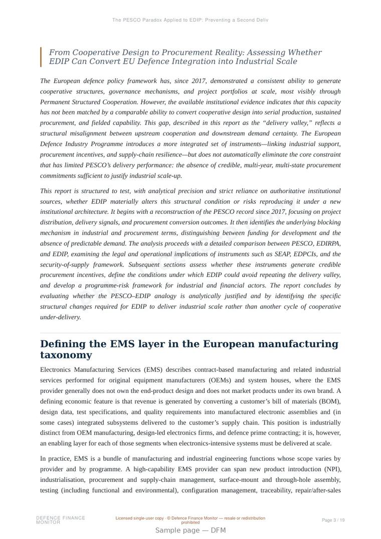 Sample page from “The PESCO Paradox Applied to EDIP: Preventing a Second Delivery Valley in European Defence Industrial Policy” — 20-page report