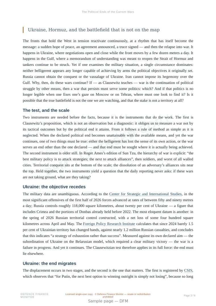 Sample page from “The Political Ends of the Current Wars” — 9-page report