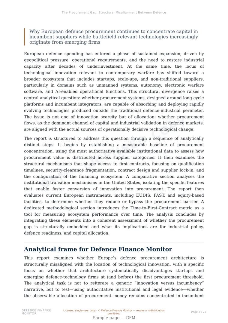 Sample page from “The Procurement Gap: Structural Misalignment Between Defence Innovation and Procurement Allocation in Europe” — 23-page report