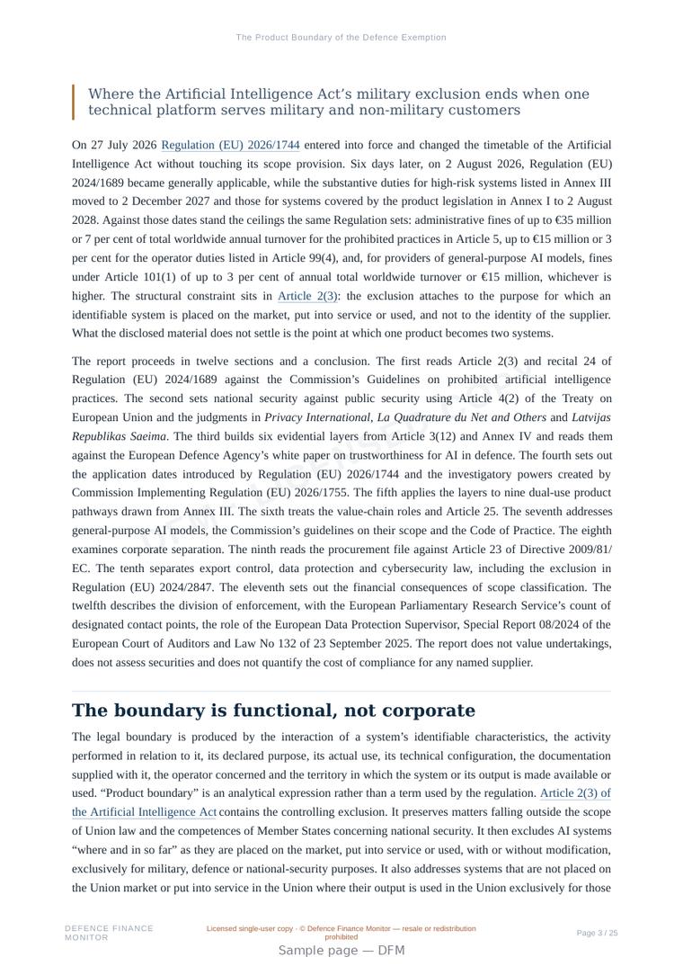 Sample page from “The Product Boundary of the Defence Exemption” — 26-page report