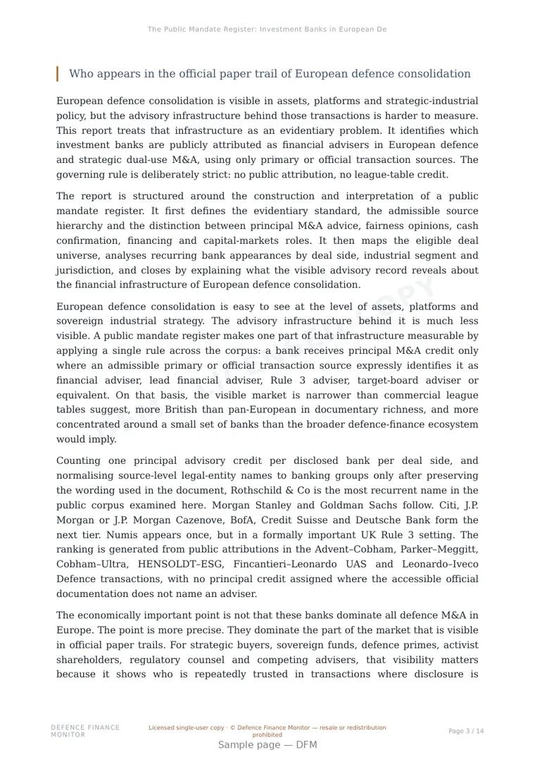 Sample page from “The Public Mandate Register: Investment Banks in European Defence M&A” — 15-page report
