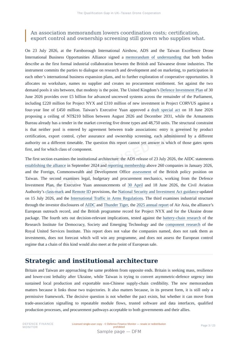 Sample page from “The Qualification Gap in UK–Taiwan Drone Cooperation” — 24-page report