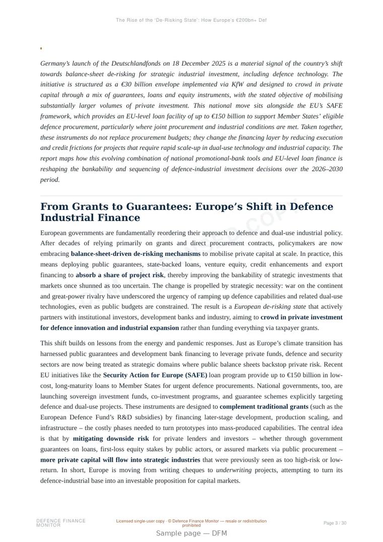 Sample page from “The Rise of the ‘De-Risking State’: How Europe’s €200bn+ Defence Finance Shift is Unlocking New Asset Classes (2025–2030)” — 31-page report