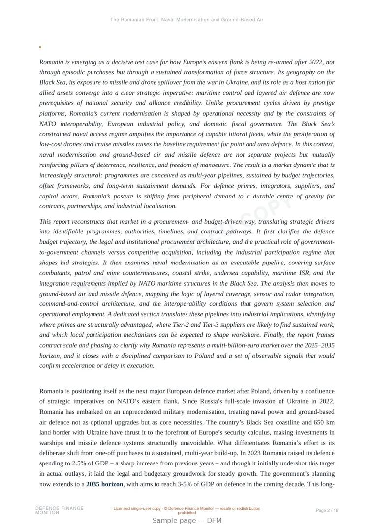 Sample page from “The Romanian Front: Naval Modernisation and Ground-Based Air Defence as Europe’s Next Multi-Billion Defence Market” — 19-page report
