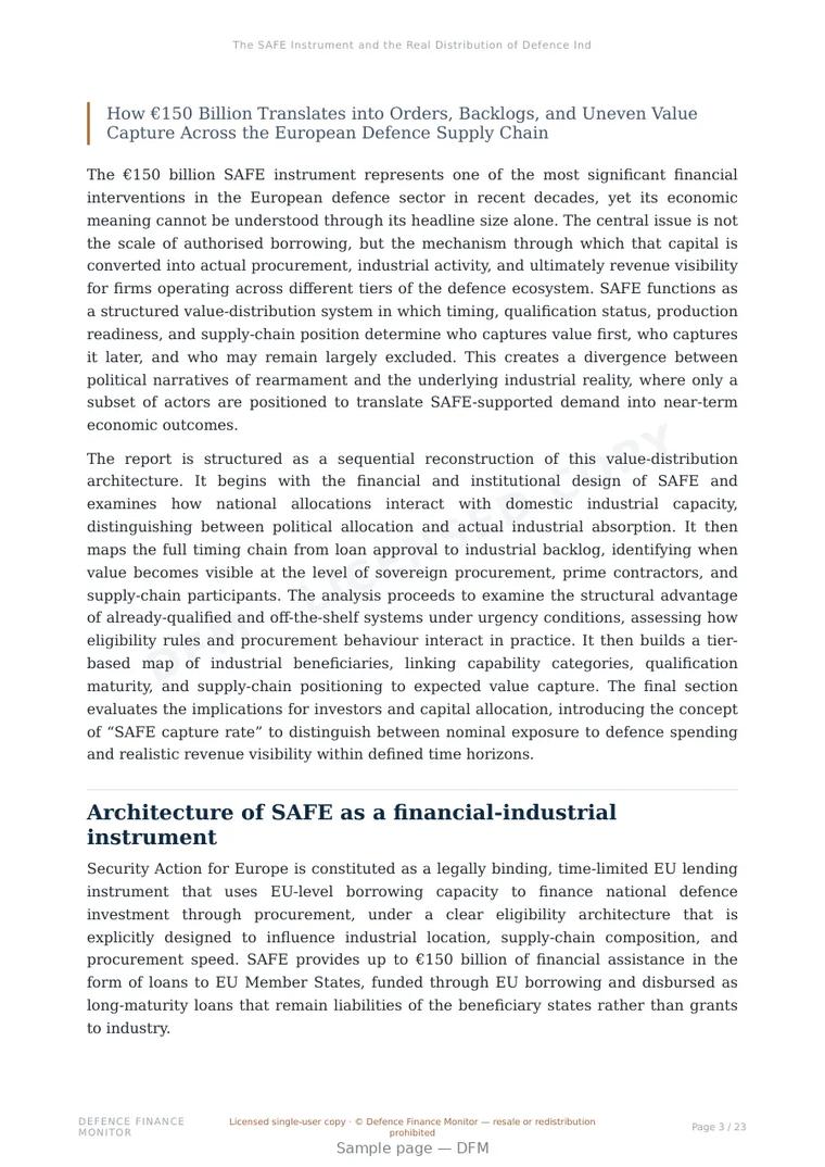 Sample page from “The SAFE Instrument and the Real Distribution of Defence Industrial Value in Europe” — 24-page report
