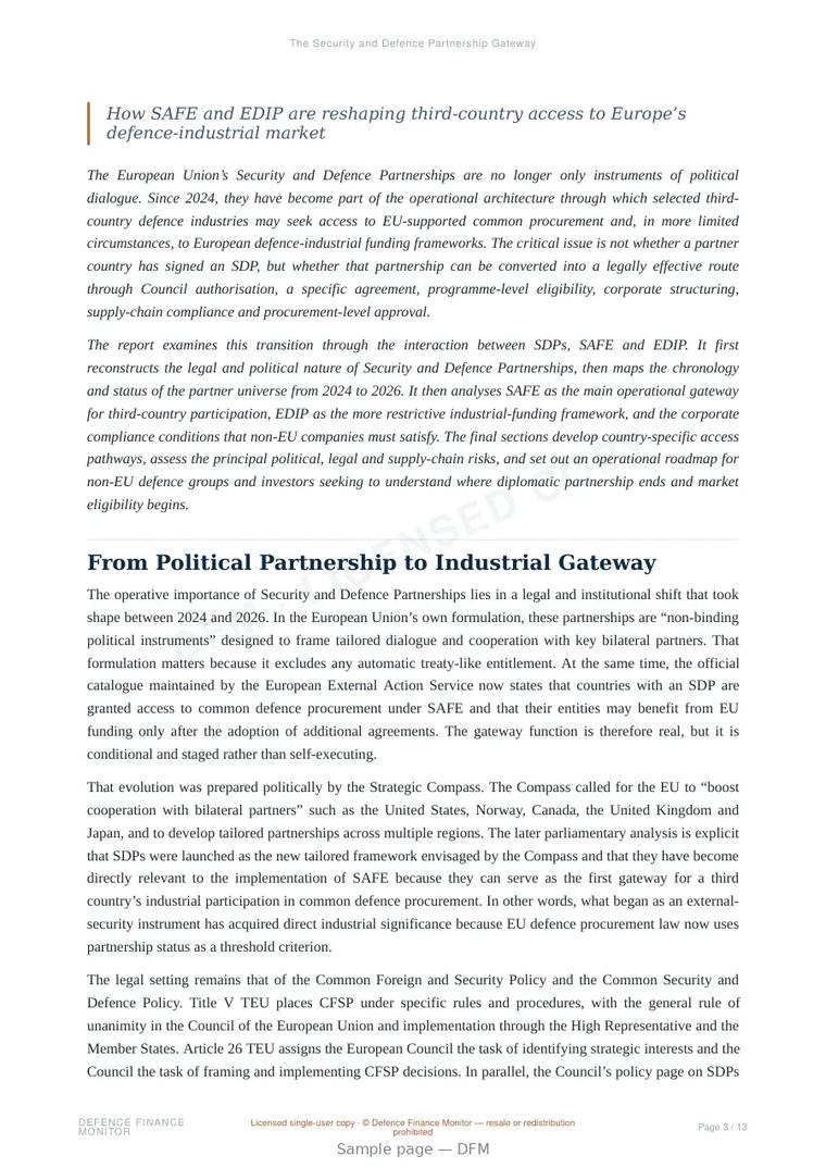 Sample page from “The Security and Defence Partnership Gateway” — 14-page report