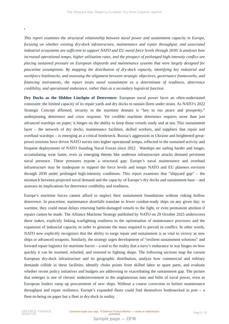 Sample page from “The Shipyard Gap: Mapping European Dry-Dock Capacity Against Projected Naval Demand to 2030” — 22-page report