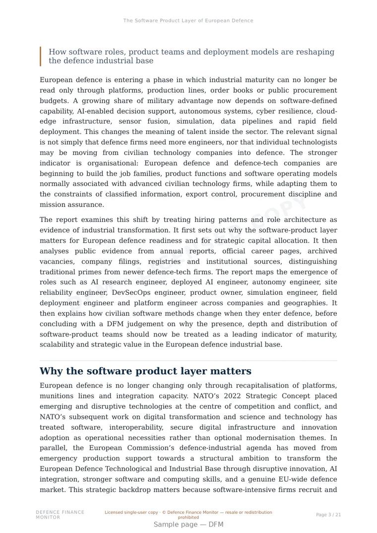 Sample page from “The Software Product Layer of European Defence” — 22-page report