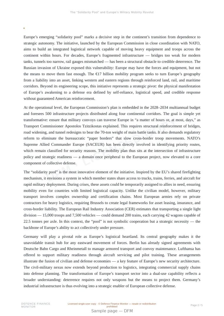 Sample page from “The “Solidarity Pool” and Europe’s Military Mobility Revolution” — 6-page report