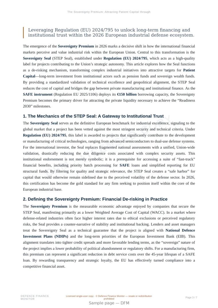 Sample page from “The Sovereignty Premium: Attracting Patient Capital through the STEP Seal” — 8-page report