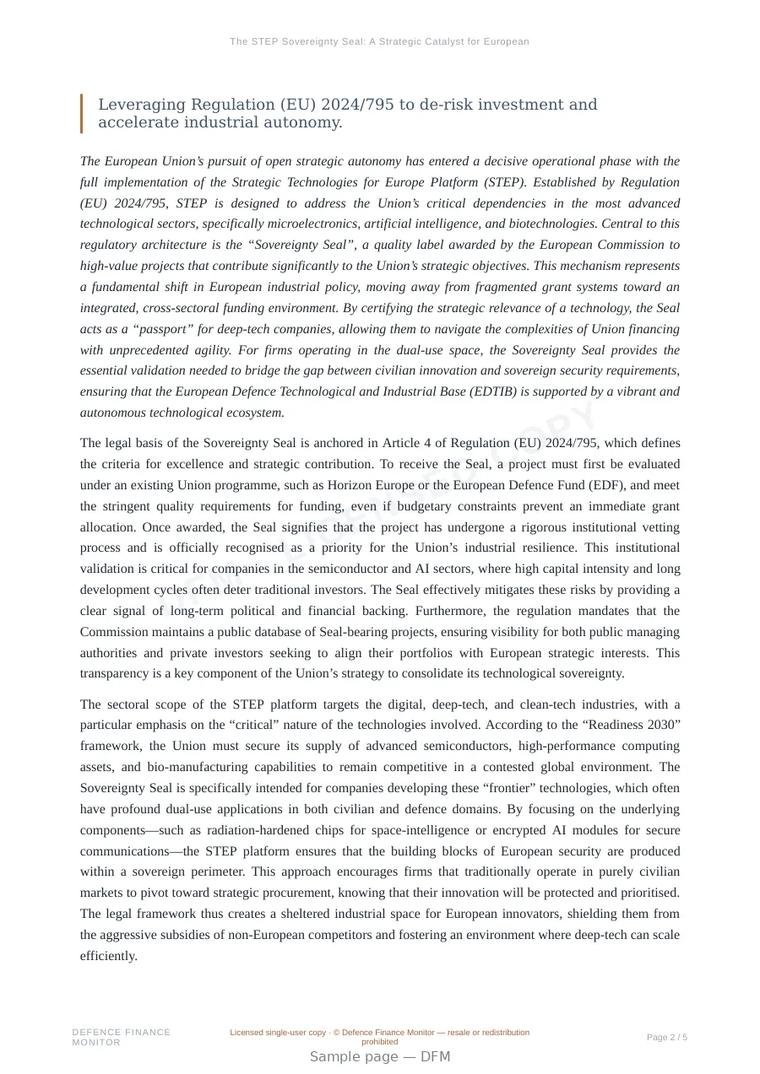 Sample page from “The STEP Sovereignty Seal: A Strategic Catalyst for European Deep-Tech” — 6-page report