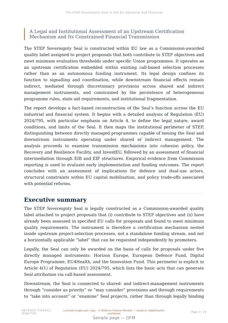Sample page from “The STEP Sovereignty Seal in the EU Industrial and Financial Architecture” — 20-page report