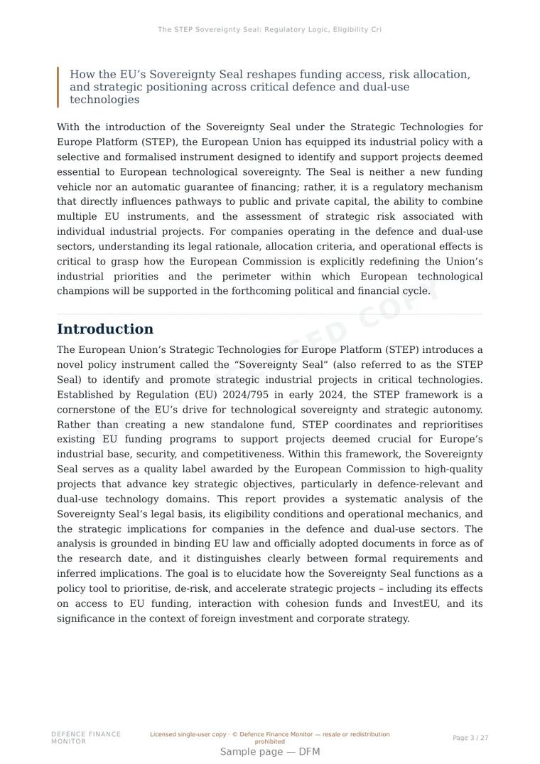 Sample page from “The STEP Sovereignty Seal: Regulatory Logic, Eligibility Criteria, and Strategic Implications for Defence and Dual-Use Companies” — 28-page report