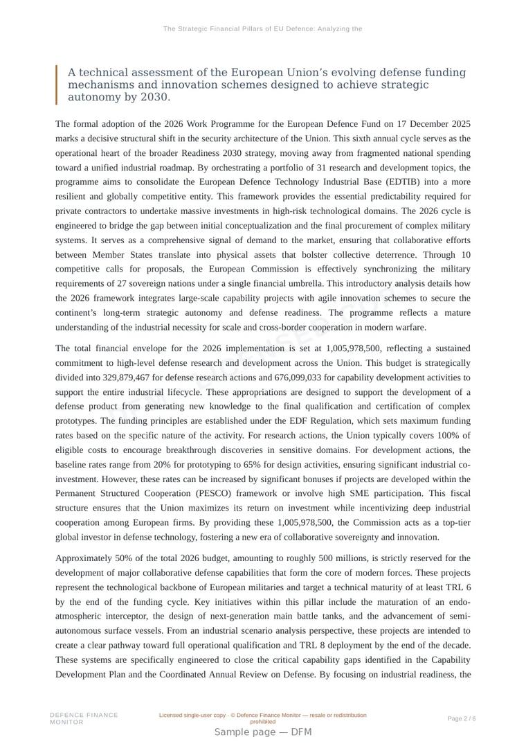 Sample page from “The Strategic Financial Pillars of EU Defence: Analyzing the 2026 EDF and EUDIS Framework” — 7-page report