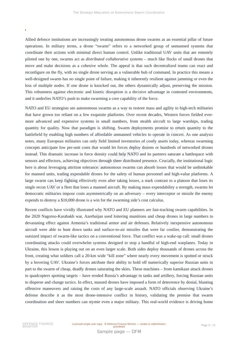 Sample page from “The Strategic Maturation of Autonomous Swarm Coordination” — 11-page report
