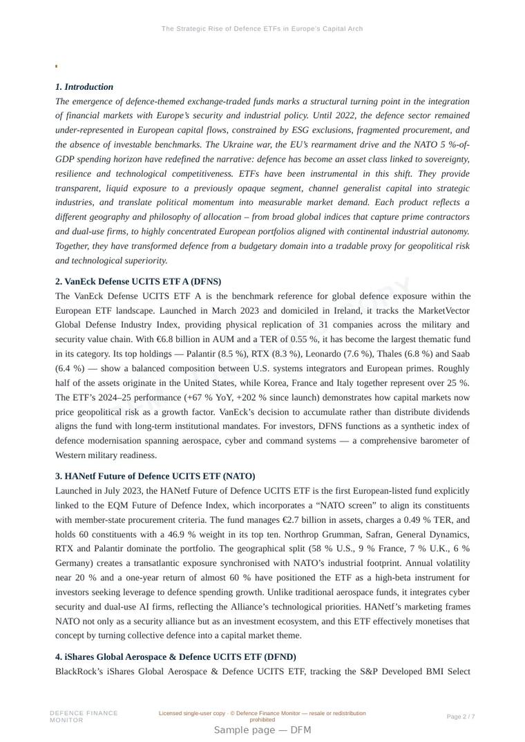 Sample page from “The Strategic Rise of Defence ETFs in Europe’s Capital Architecture” — 8-page report
