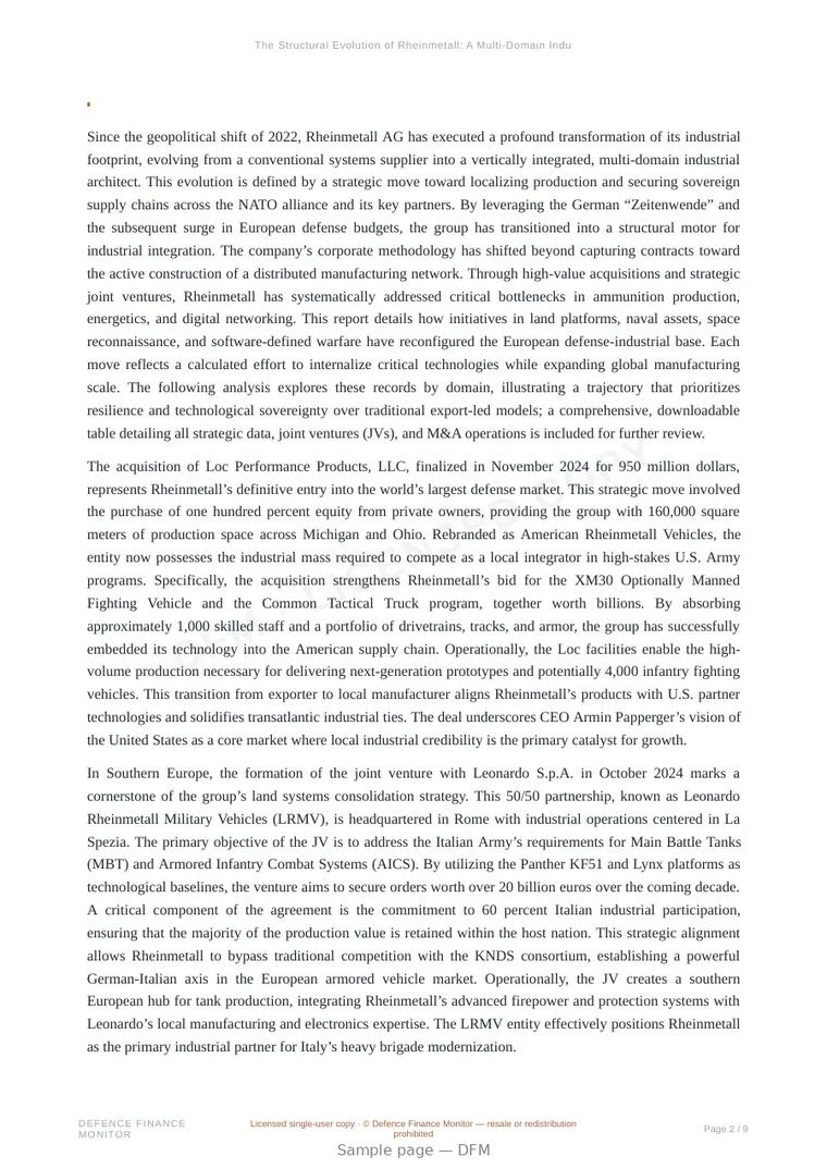Sample page from “The Structural Evolution of Rheinmetall: A Multi-Domain Industrial Analysis (2022–2026)” — 10-page report