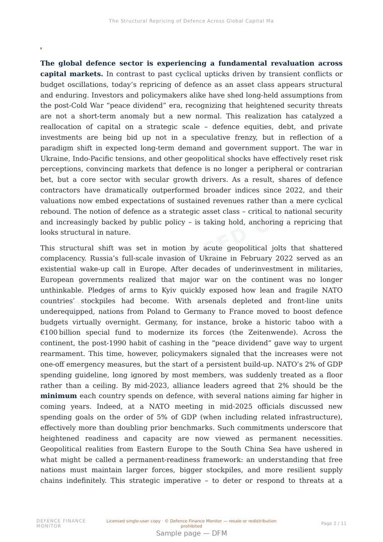 Sample page from “The Structural Repricing of Defence Across Global Capital Markets” — 12-page report