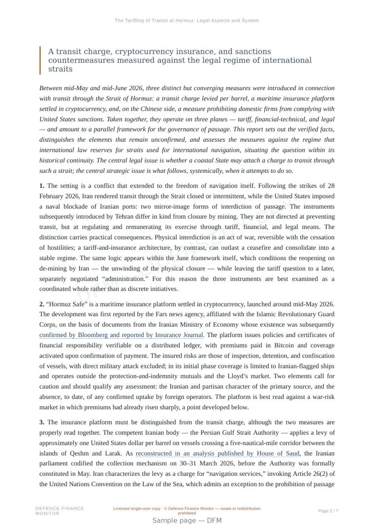 Sample page from “The Tariffing of Transit at Hormuz: Legal Aspects and Systemic Implications” — 8-page report
