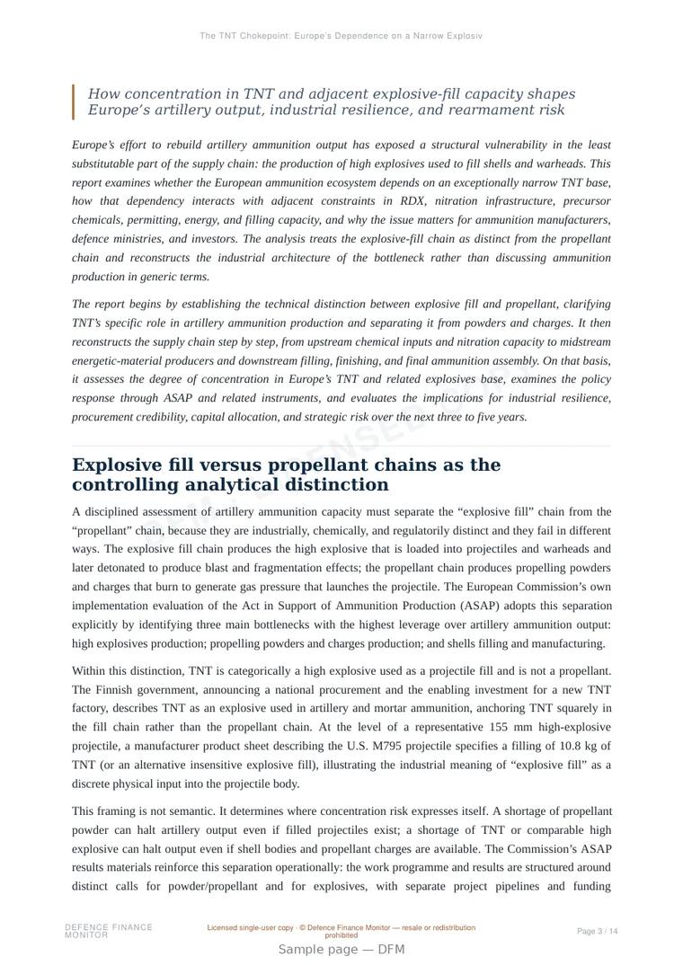 Sample page from “The TNT Chokepoint: Europe’s Dependence on a Narrow Explosives Base for Artillery Ammunition Production” — 15-page report
