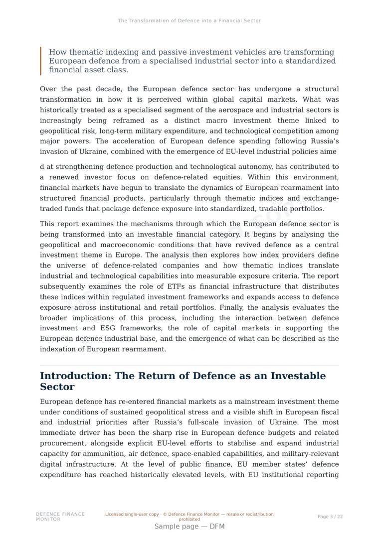 Sample page from “The Transformation of Defence into a Financial Sector” — 23-page report