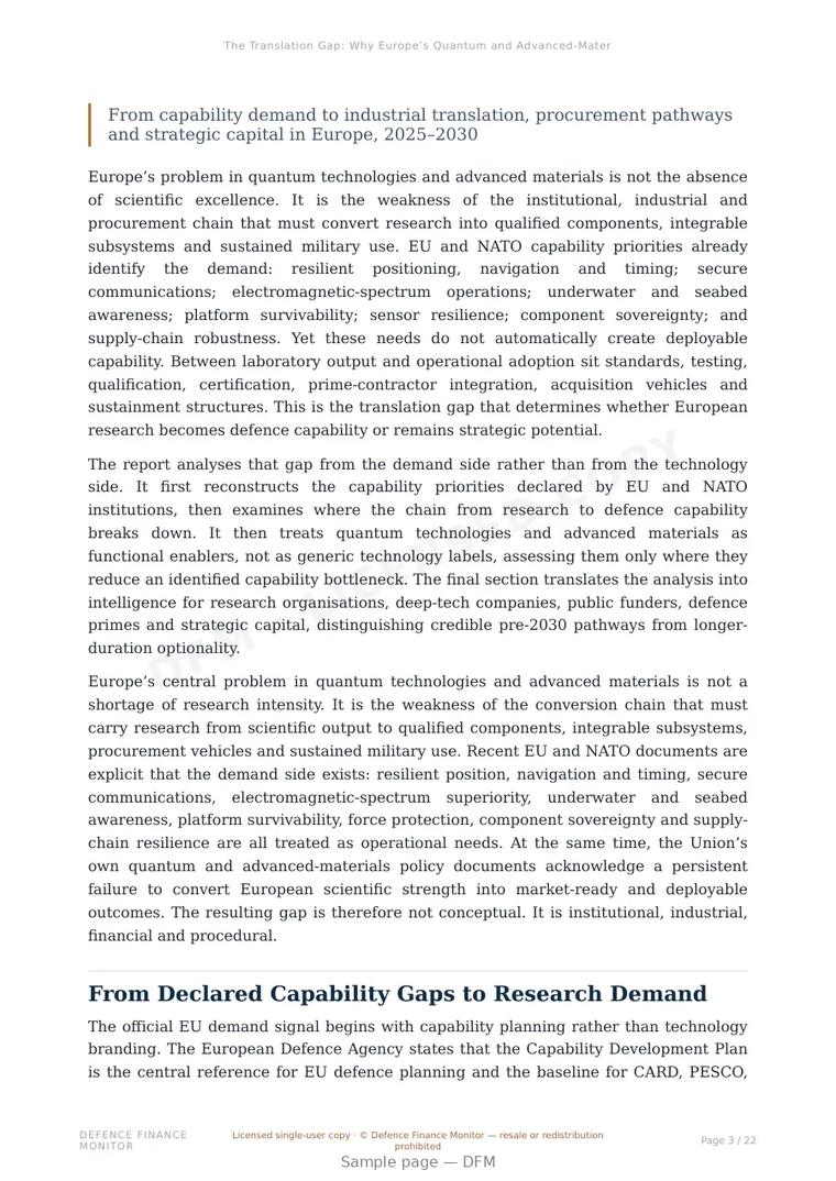 Sample page from “The Translation Gap: Why Europe’s Quantum and Advanced-Materials Research Does Not Automatically Become Defence Capability” — 23-page report