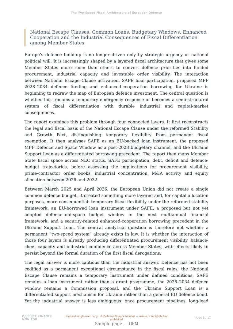 Sample page from “The Two-Speed Fiscal Architecture of European Defence” — 18-page report