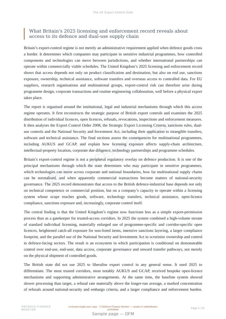 Sample page from “The UK Export-Control Gate” — 23-page report