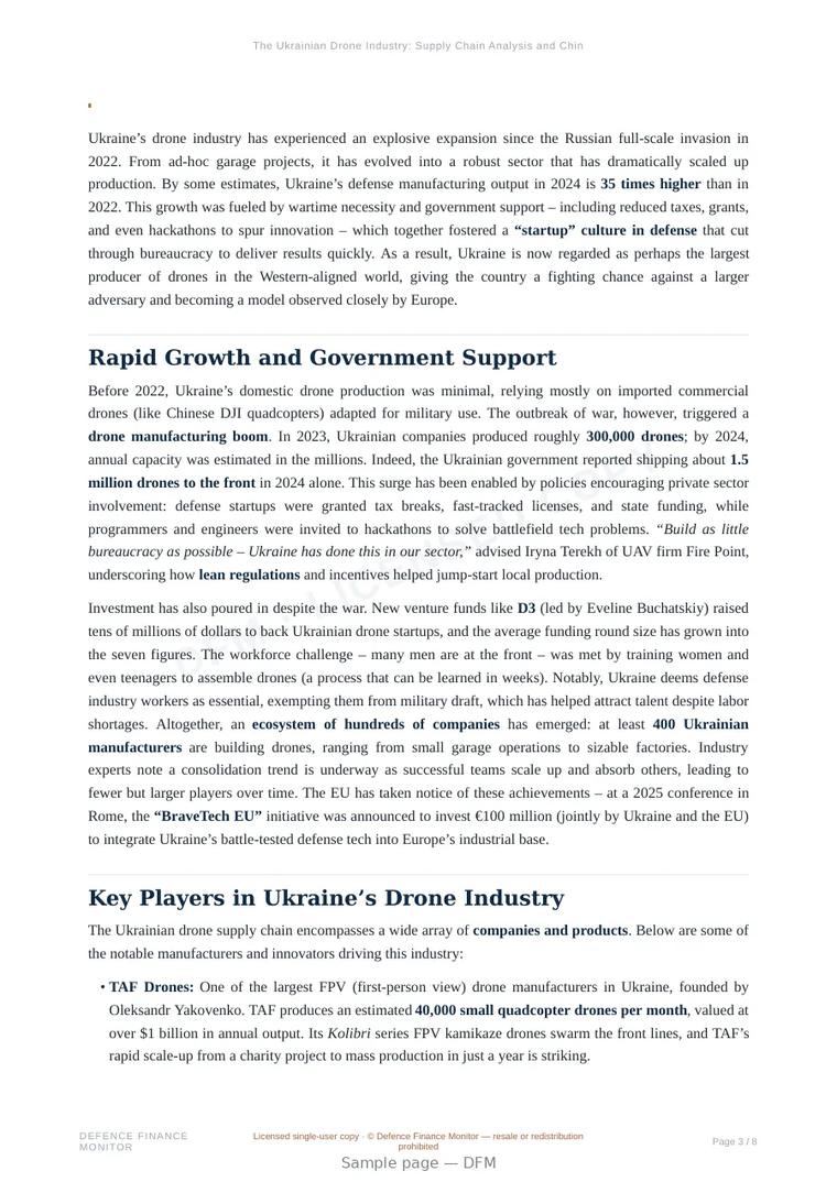 Sample page from “The Ukrainian Drone Industry: Supply Chain Analysis and Chinese Dependencies” — 9-page report