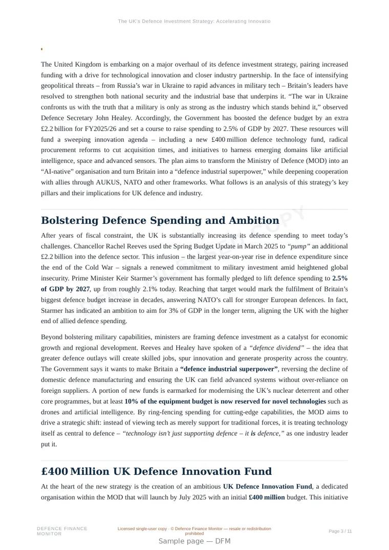 Sample page from “The UK’s Defence Investment Strategy: Accelerating Innovation and Alliances” — 12-page report
