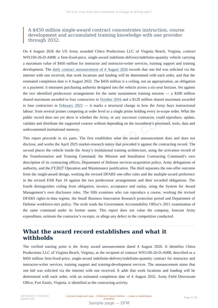Sample page from “The U.S. Army Puts One Contractor in Charge of Writing and Teaching Its Courses” — 27-page report