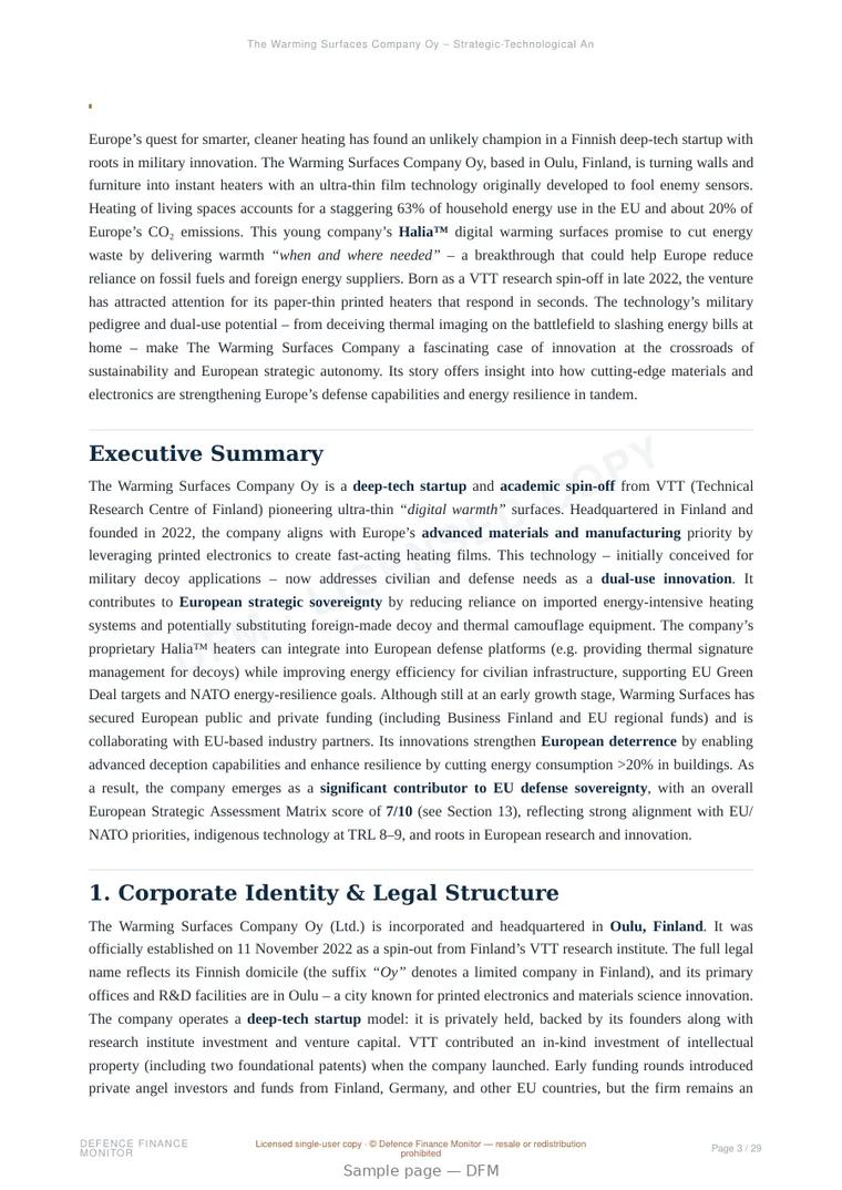 Sample page from “The Warming Surfaces Company Oy — Finland low observable company” — 30-page report