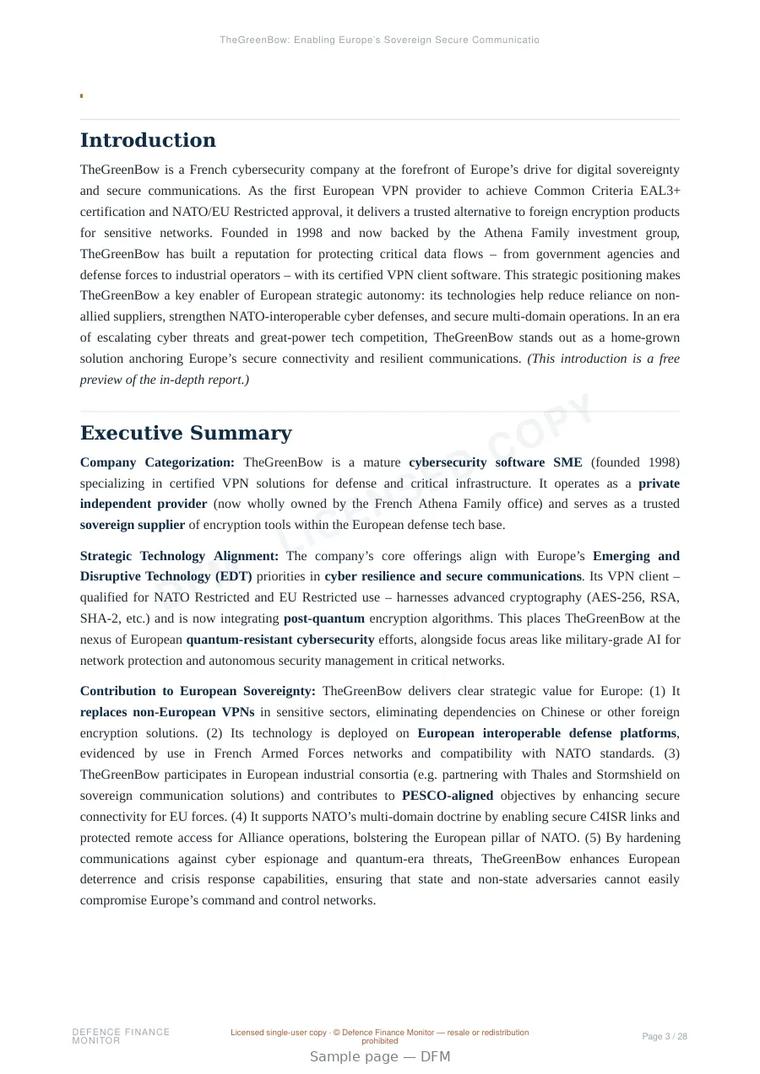 Sample page from “TheGreenBow: Enabling Europe’s Sovereign Secure Communications” — 29-page report